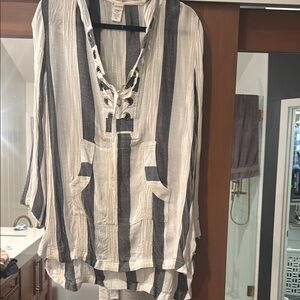 L*Space Black and White Striped Blouse with Lace-Up Front